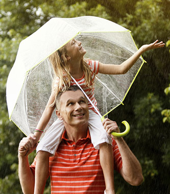 man with daugher on his shoulders under an umbrella